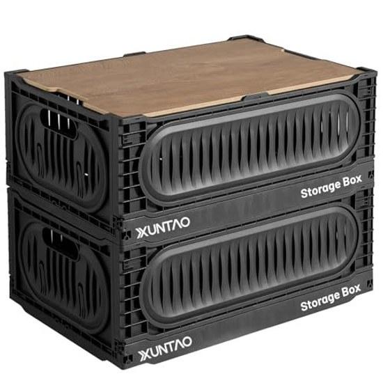 X XUNTAO Storage Box Folding Container Wooden Lid Case Basket Black Medium Size 2 Pieces W40D30H18cm