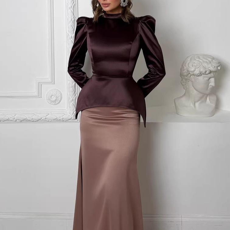 26 Europe, America, Amazon cross-border women's clothing new minimalist high-end stand-up collar bubble long-sleeved fishtail skirt set