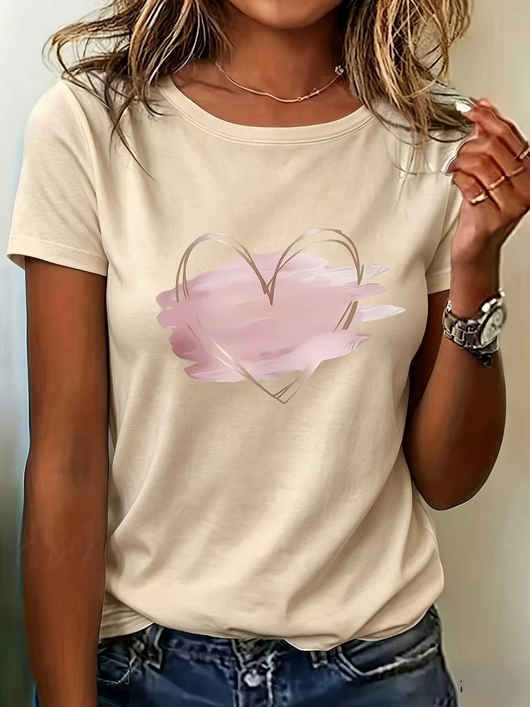 Korean Style Gradient Heart Print T-Shirt Short Sleeve Round Neck T Shirt 90s Graphic Tees Tops Casual Valentine's Day Clothes