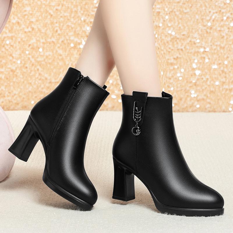 Women's Soft Leather Cotton Shoes New Fashion Waterproof Side Zipper High Heels Non-slip Lightweight Warm Boots