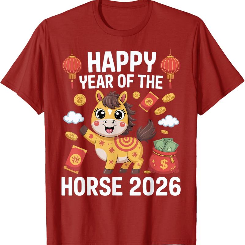Happy Chinese of The Horse Hello 2026 Lunar New Year Graphic TShirt High Quality Crewneck Cotton Fashion Loose Casual Style Tee
