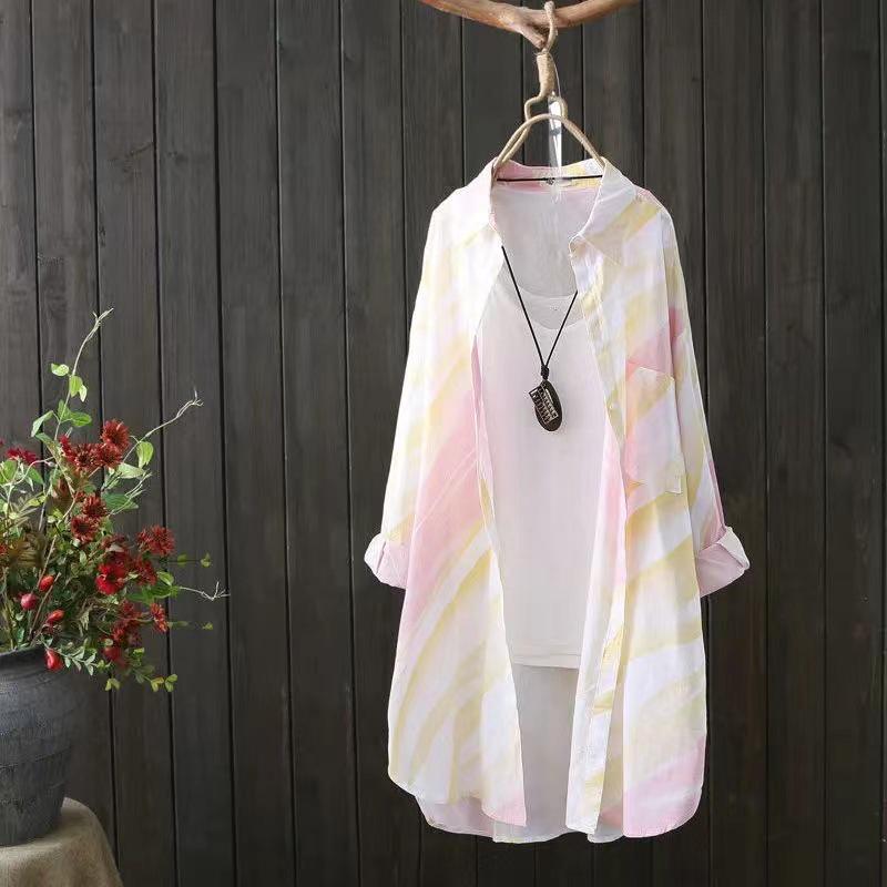 

Женская рубашка из шифона с принтом и защитой от солнца — свободная, средней длины, модный дизайн 3XL розовый/жёлтый