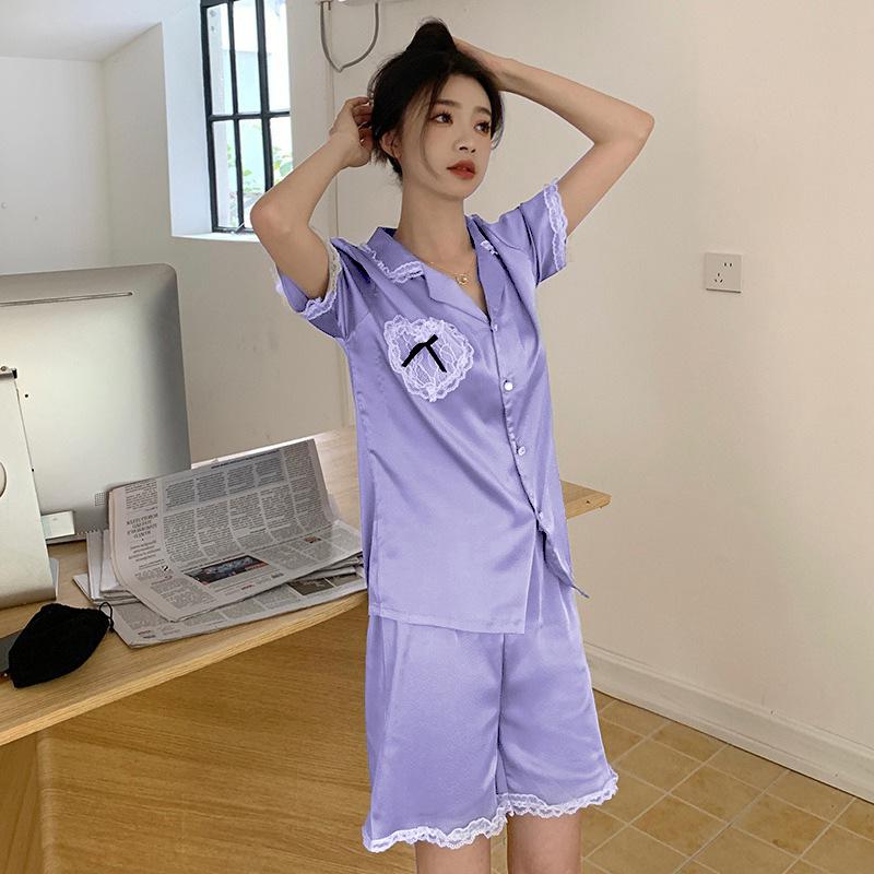 Youth Vitality Pattern Pajamas Women'S Summer Thin Side-Sleeved Lace Short-Sleeved Loungewear Two-Piece Set