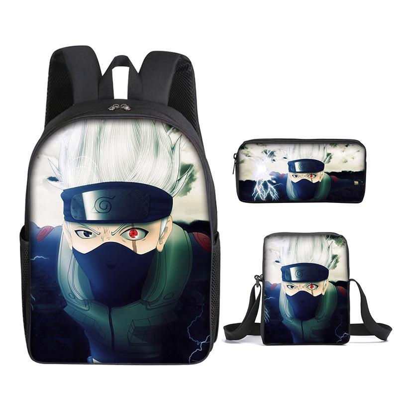 Naruto Naruto Rucksack Dreiteiliges Set, Schulranzen für Grund- und Sekundarschule, Umhängetasche, Messenger Bag, Federmäppchen.