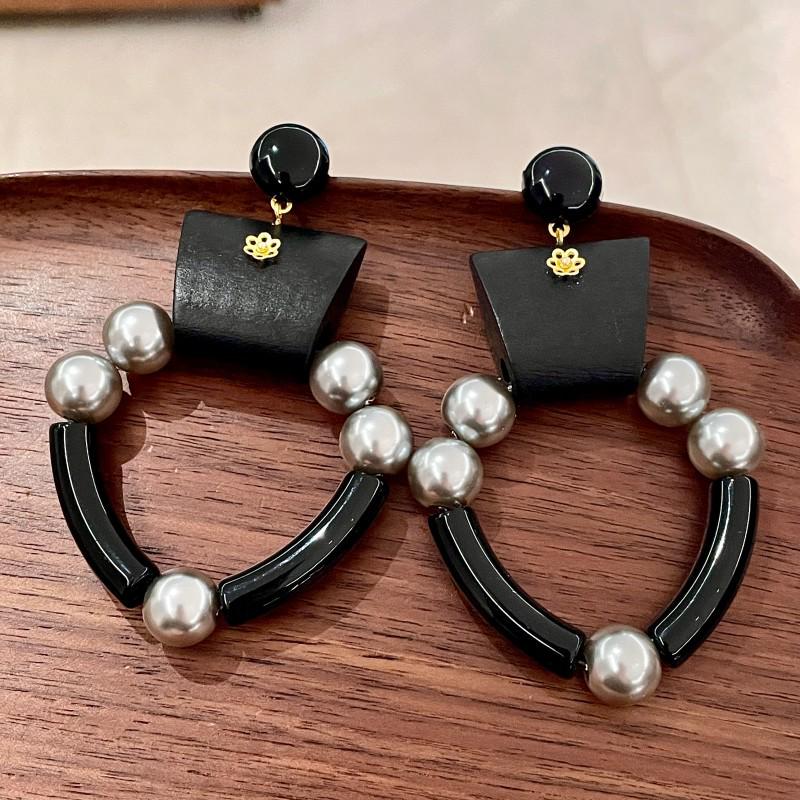 Европейские ретро серьги-подвески из черного дерева и серого жемчуга с геометрическим дизайном