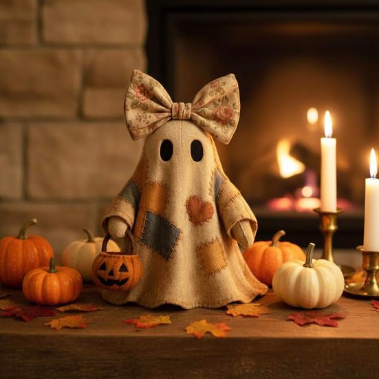 Patchwork Ghost Halloween Decor Handmade Ghost with Pumpkin Bucket And Floral