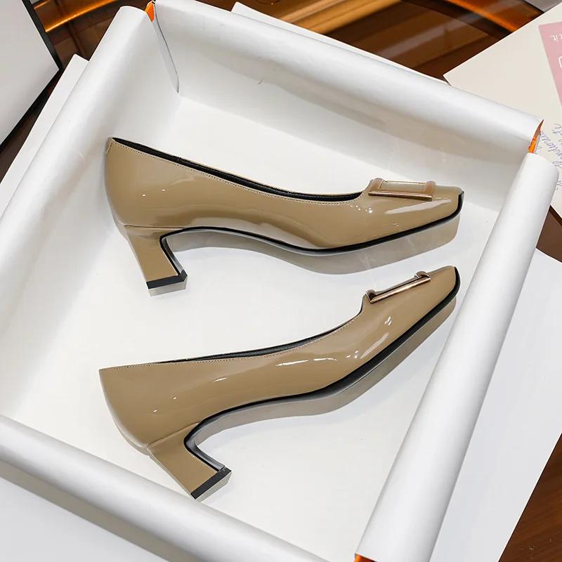 Square Buckle High Heels 2024 New Brand Women Sexy Thick High Heels Dress Party Wedding Shoes Retro Shallow Mouth Woman Pumps