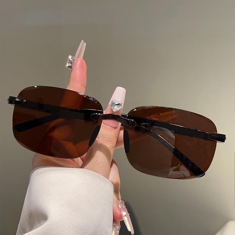 Rimless Rectangle Sunglasses Men Fashion Solid Color Outdoor Casual Sun Glasses Women  New Trendy Design Decor Shades