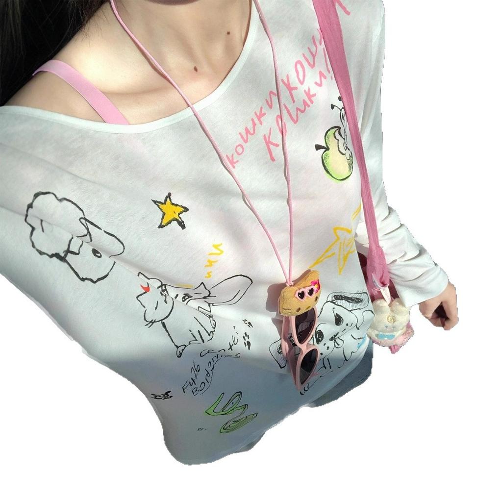 Painted fun-printed slanted shoulder sunscreen blouse women's spring summer 2026 new thin loose long-sleeved t-shirt top