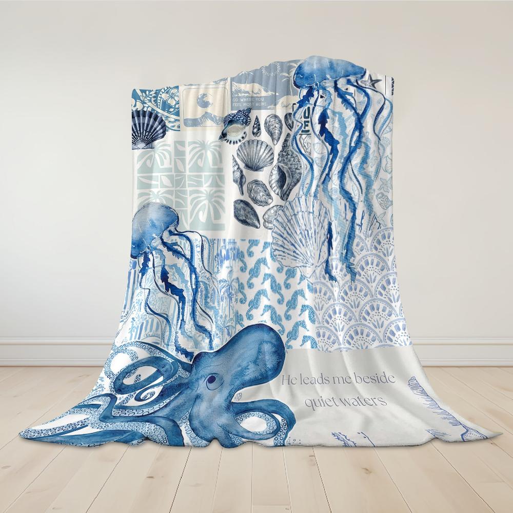 Oceanic Collage Flannel Blanket Warm Soft Halloween Christmas Couch Warm Cozy Decorative Decor Gift For All Season