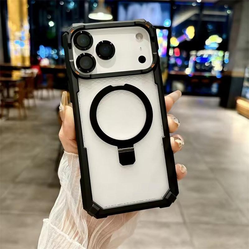 Rugged Shockproof Metal Magnetic Case For iPhone 17 Air 16 15 14 13 12 11 Pro Max Plus Holder With Camera Glass Ring Armor Cover