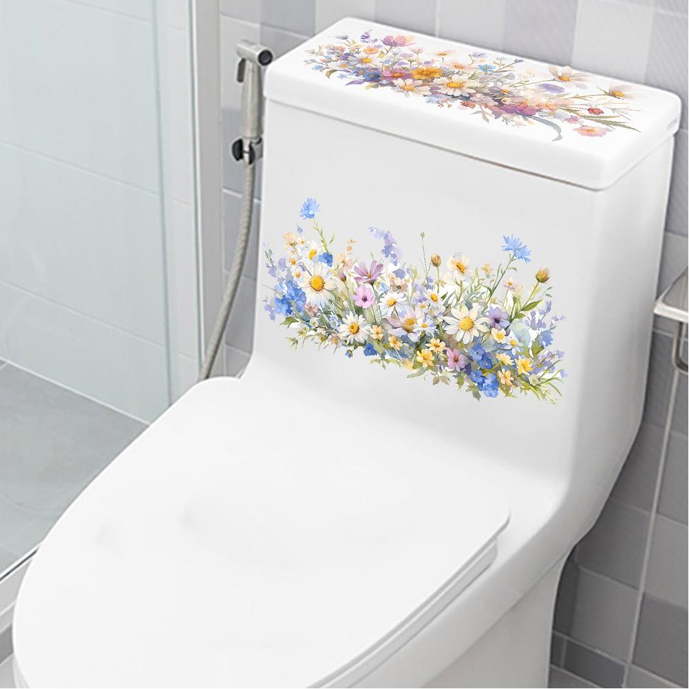 Colorful Floral Toilet Seat Lid Sticker, DIY Removable Toilet Lid Decals, Plant Leaves Flowers Self-Adhesive Bathroom Wall Stickers Toilet Sticker