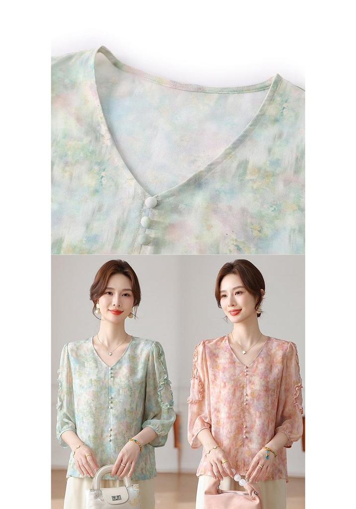 Elegantes Chiffon-Oberteil mit Sieben-Viertel-Ärmeln für Frühling/Sommer für Frauen mittleren und höheren Alters