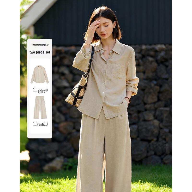 Женский комплект Demana: рубашка с лацканами из смесовой льняной ткани и брюки-палаццо L