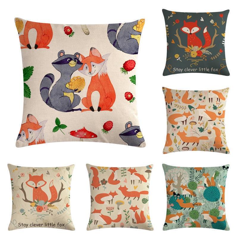 18 Fox Cartoon Linen Cotton Pillow Case Cushion Cover Sofa Home Decor Square