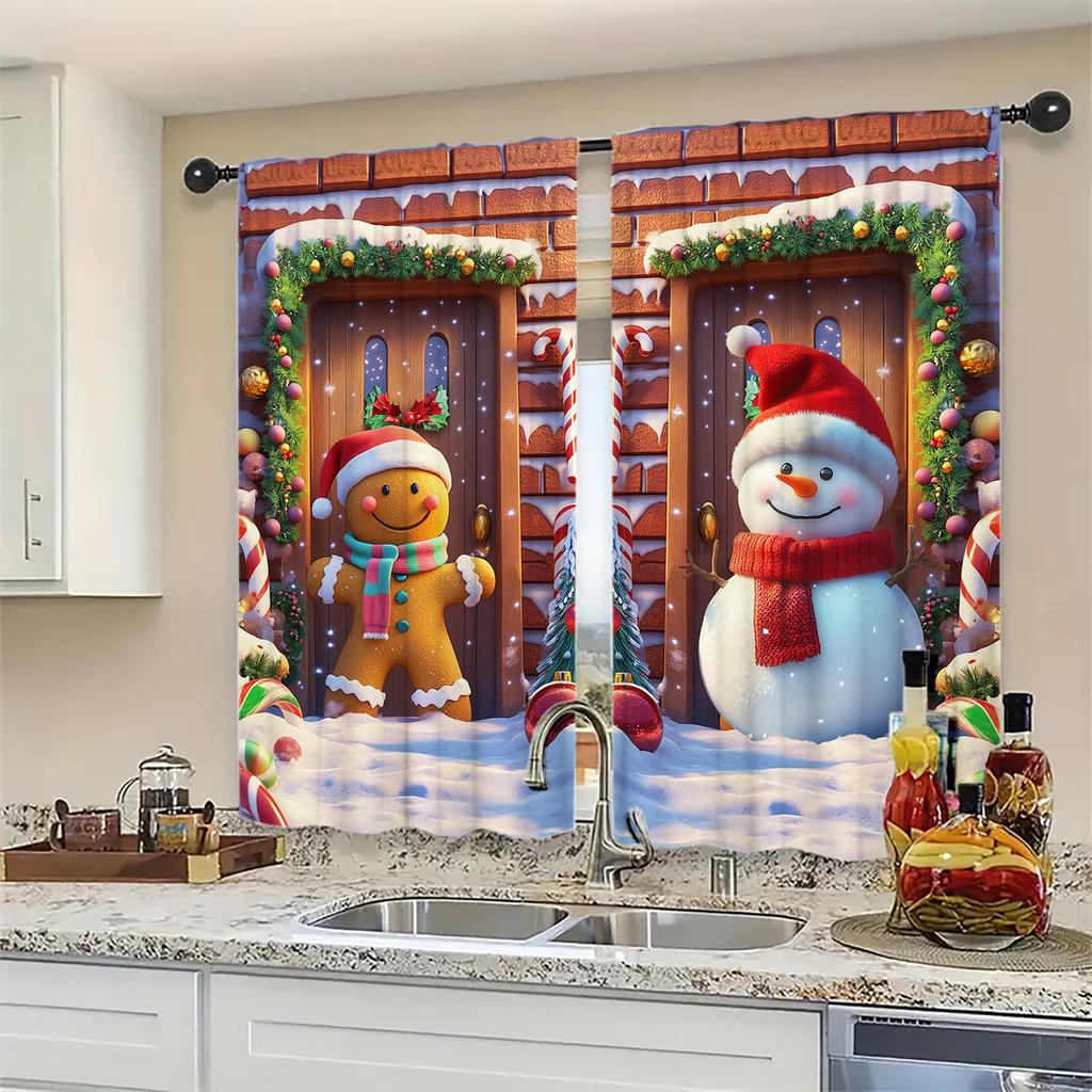 2 szt. Świąteczna zasłona z nadrukiem piernika i bałwana na dekorację domu na Boże Narodzenie - Kieszeń na karnisz, dekoracja okna do sypialni