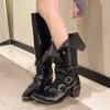 Female Shoes On Sale  Fashion Slip On Women'S Boots Autumn Pointed Toe Solid Buckle Decoration Mid Heel Western High Boots