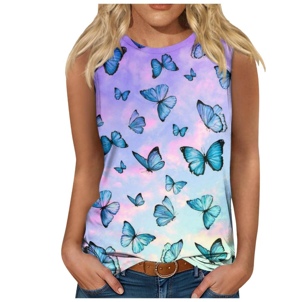 Women's butterfly 3D printed sleeveless T-shirt, round neck off shoulder casual vest, elegant Y2K sleeveless top, T-shirt, women's clothing