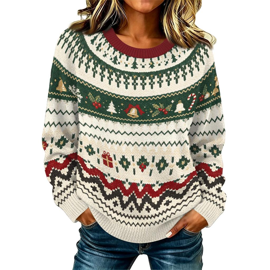 Maglione Pullover da Donna Casual Elegante a Manica Lunga con Collo Alto e Stampa Natalizia
