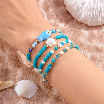 4pcs/set Blue Ceramic Fish Beaded Bracelets for Women Minimalist Handmade Rice Beads Stretch Bracelet Friendship Jewelry Gifts