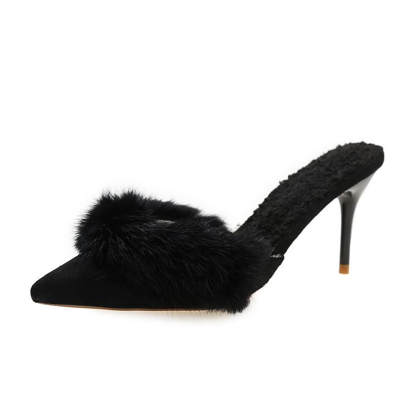  Spring Faux Fur Mules Slippers Women Pointed Toe Slip-On Thin Heels Sandals Woman Short Plush Lined Closed Toe Slides Shoes