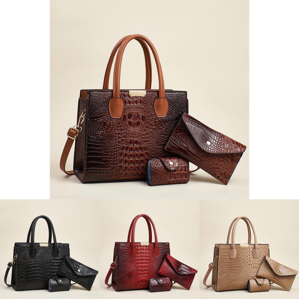 Fashion Solid Color Crocodile Texture Women Casual Shoulder Bag Three Piece Set For Daily Use And Office Commuting