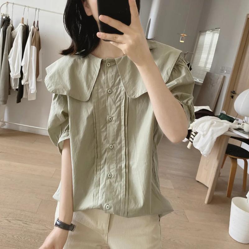 

Women Summer Green Peter Pan Collar Pintuck Short Sleeve Fitted Blouse M зелёный