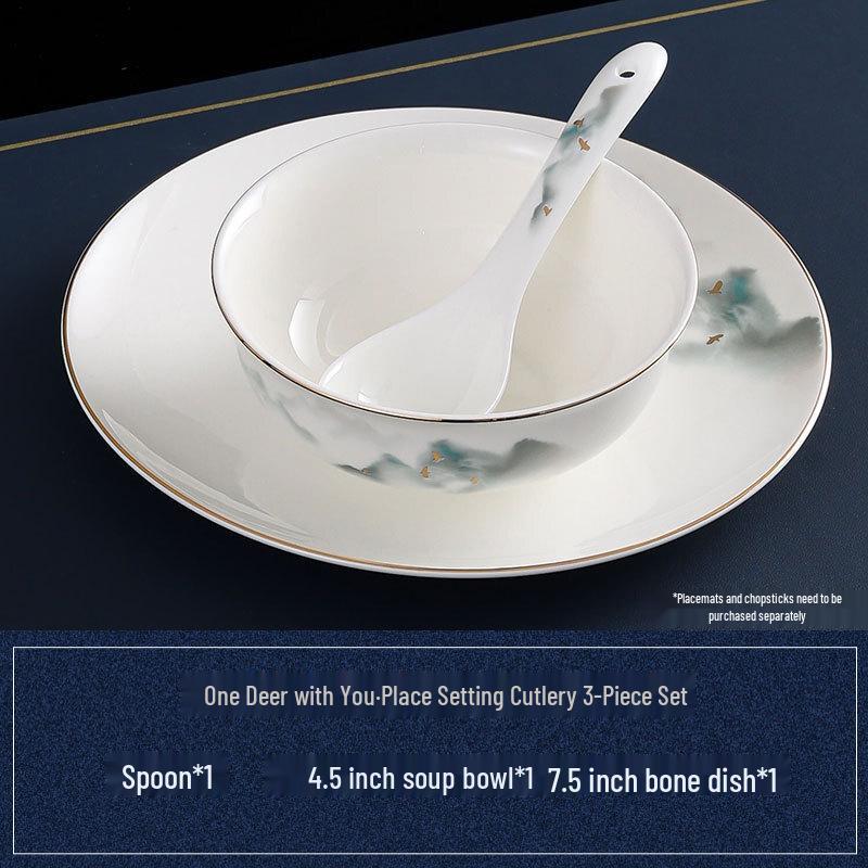 Abay Gold-Rimmed Bone China Deer 3-Piece Dinnerware Set