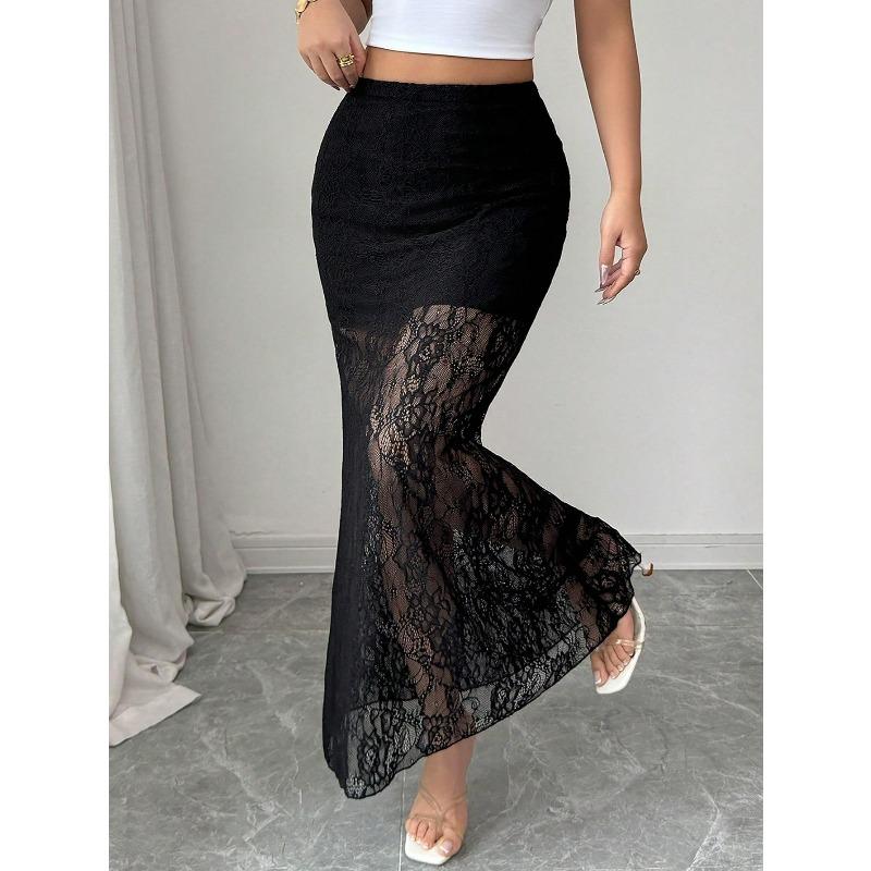Women's Sheer Lace Maxi Skirt High Waist Floral Mesh Long Skirt Layering Party Beach