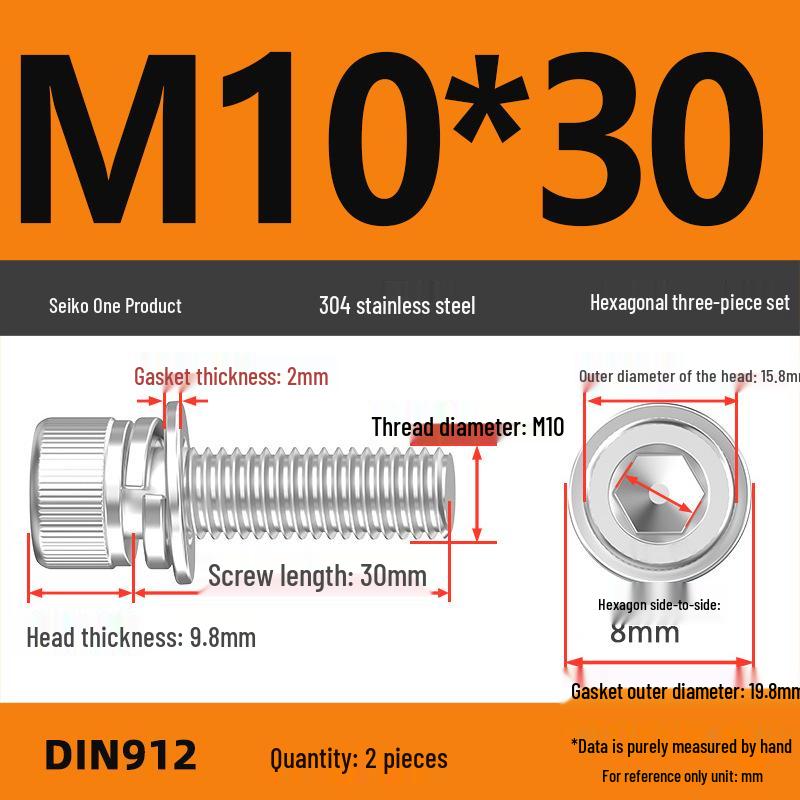 304 Stainless Steel Hex Socket Cap Screw with Washer - Sizes M3, M4, M5, M6, M8, M12