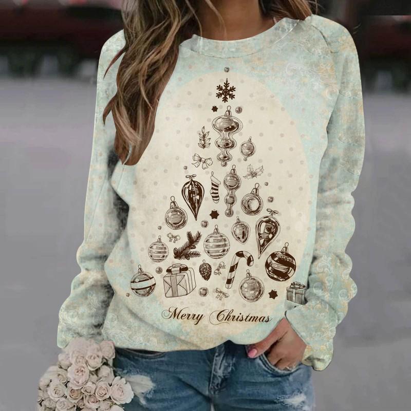 Womens Christmas Elk Print Crewneck Sweatshirt Casual Long Sleeve Top