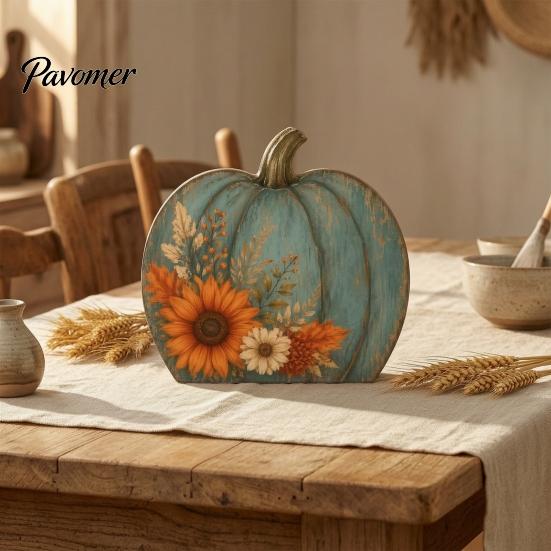 Harvest Home Decorations Thanksgiving Fall Pumpkin Table Decoration, Rustic Block Wooden Sign, Autumn Vintage Festival Ornaments Farmhouse Tabletop