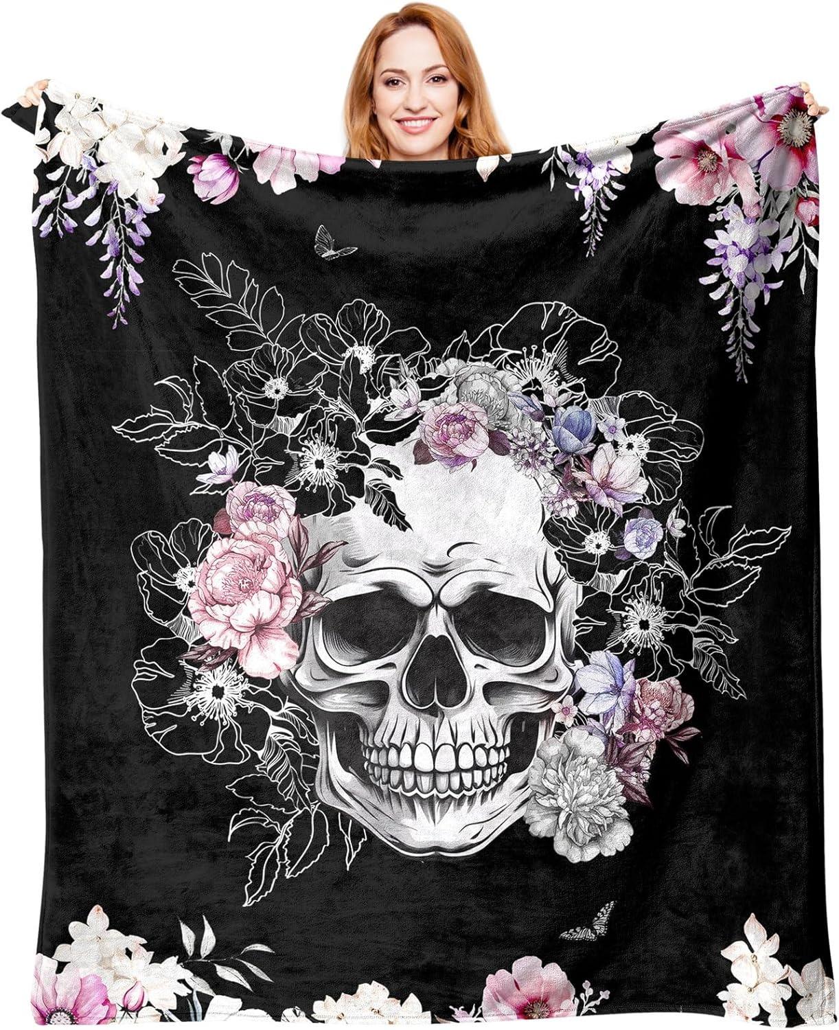 

1PC Halloween Theme Throw Skeleton skull Flowers Gothic arts Thin Fashion Blanket Gifts for Couch Bed Car Home Camping all season use 130x150cm