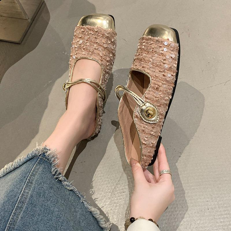 Flat Heel Bag Head Mary Jane Cool Slippers Women's 2025 New Sequined Buling Temperament Sandals with Skirt Half Slippers