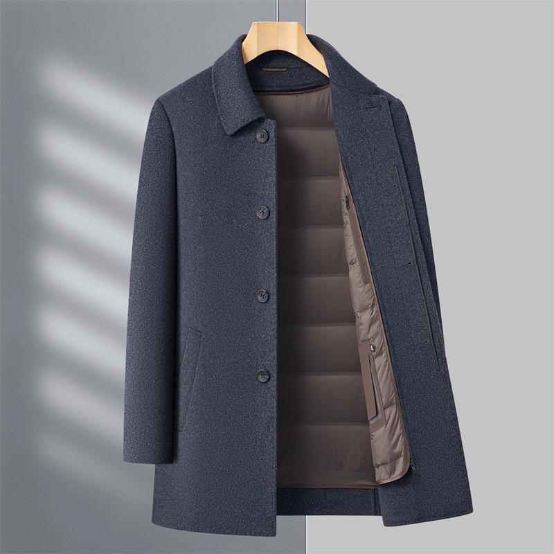 Men's Winter Woolen Overcoat with Detachable Down Liner, Double-Faced Wool, Regular Lapel for Middle-Aged Men.