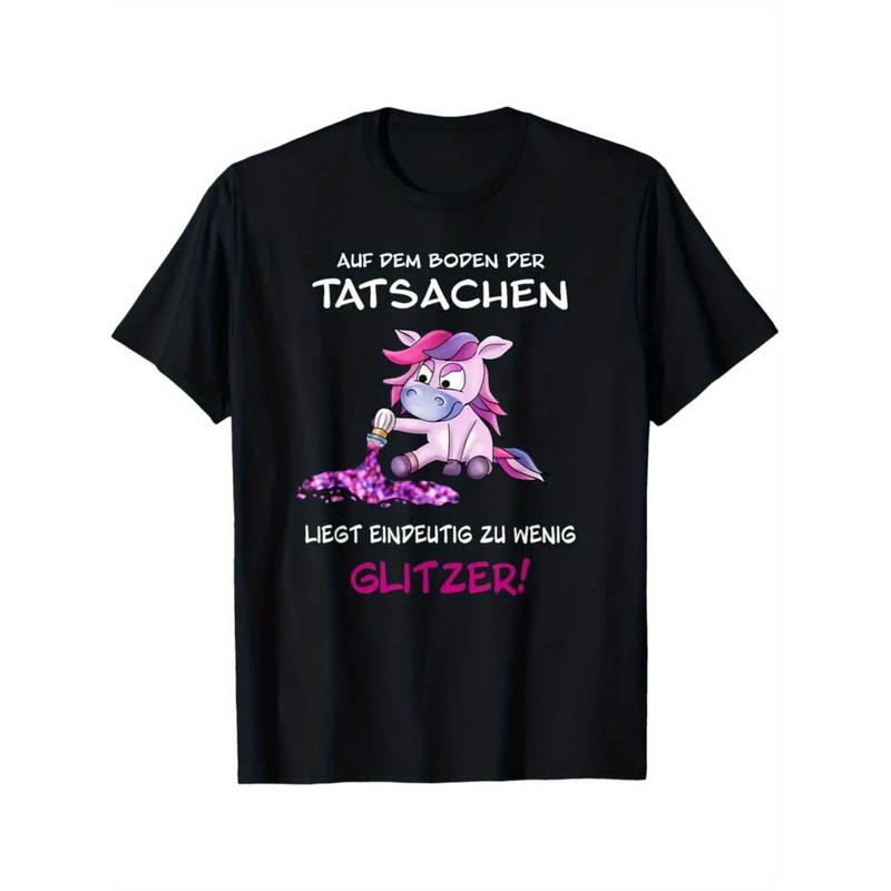 Women's Funny Unicorn Glitter Party T-Shirt with German Saying & Sparkle Design - Cute Pink Mane & Rainbow Sprinkles Graphic, Casual Round Neck Short
