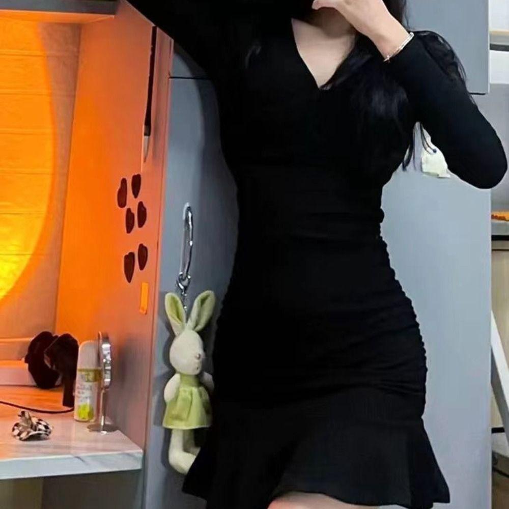 Ruffle Women's Hip Hugging Skirt High Waist Y2k Slim Fit Dress Fashion Long Sleeve Dress Female