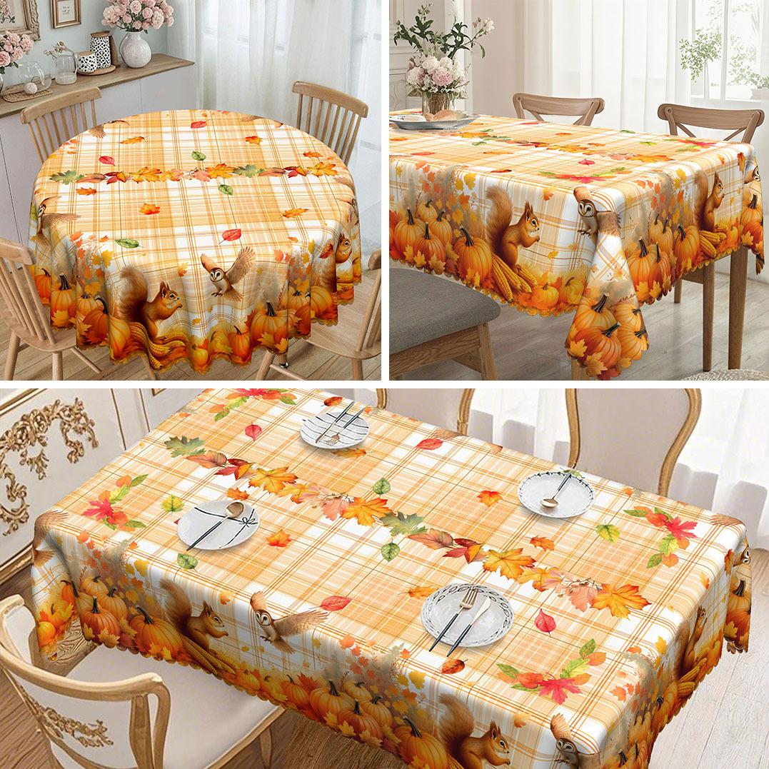 Пастольная осенняя скатерть, элементы с тыквами, белками, опавшими листьями освещают атмосферу обеденного стола, полиэстеровая прямоугольная скатерть round tablecloth-152x152cm