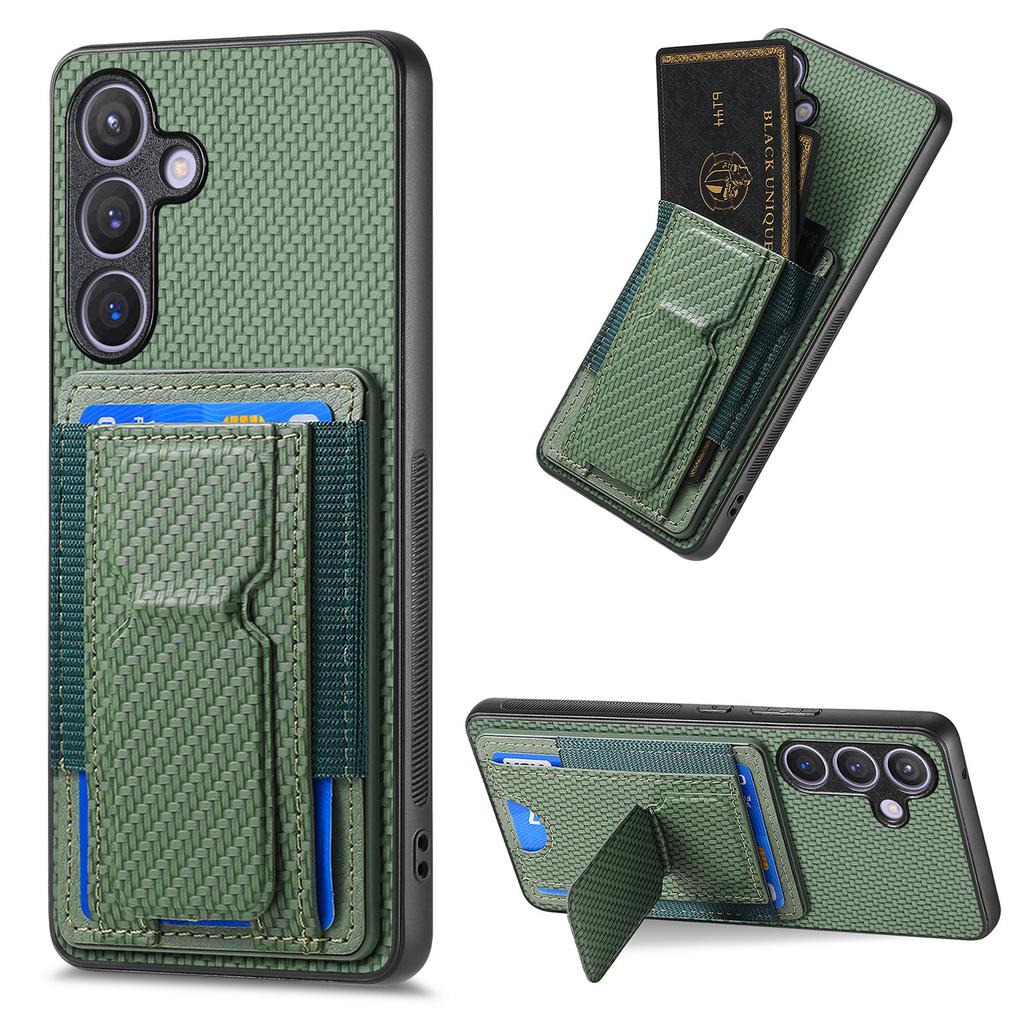 For Samsung Galaxy S25+ Case with Card Holder Kickstand Fiber Pattern Leather Back Cover