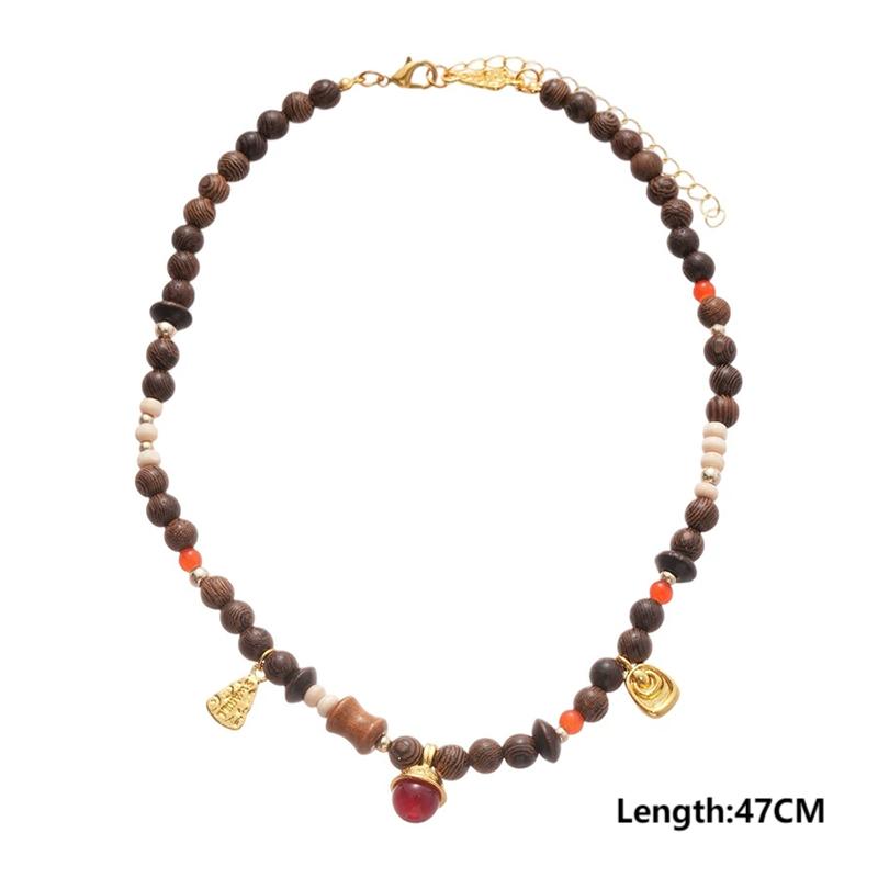 Ethnic Style Handmade Bead Colored Necklace for Women Retro High-End Wooden Pendant Collarbone Chain Niche Design Accessory Gift