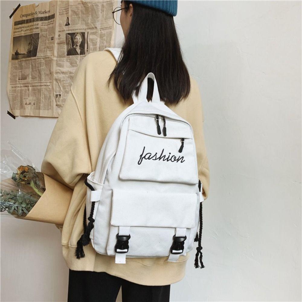 Canvas Schoolbag Solid Color Large Capacity Shoulder Bag Wear-resistant Lightweight Backpack