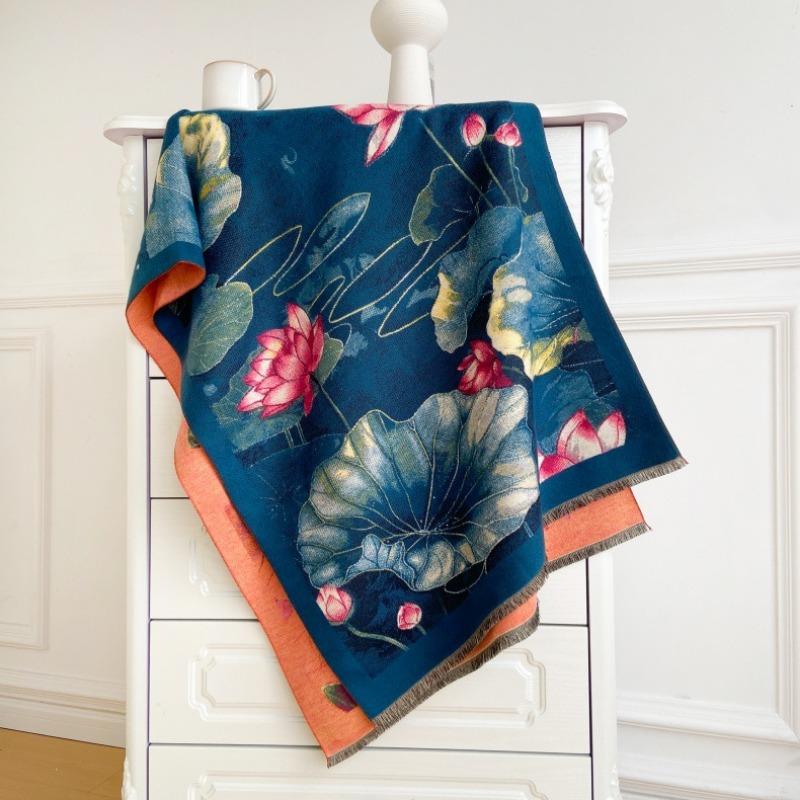 Ink painting, flower imitation cashmere printing scarf, new elegant women's warm scarf, fashionable retro shawl