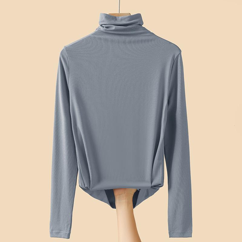 

Женский топ из модала облегающего кроя с полувысоким воротником — универсальный однотонный с длинным рукавом для весны и осени 2025 г. M (47.5kg-55kg)