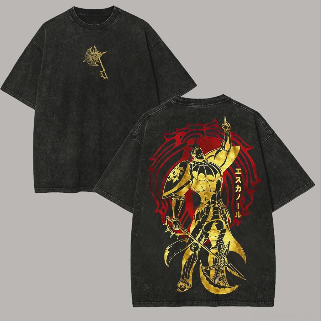 Anime-Liebhaber Sieben Todsünden Escanor Bedrucktes Unisex Gewaschenes Oversized T-Shirt Unisex Baumwolle Streetwear Kurzarm Unisex Kleidung