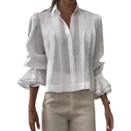 Women Shirt Lapel Long Sleeve Ruffle Cuffs Shirt Tops Pure Color Loose Fit Button Down Office Lady Summer