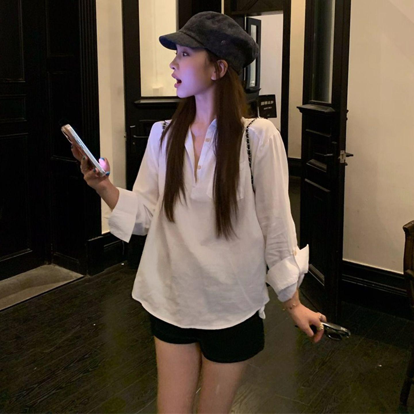 Women s French-Style White Piqué Collar Long Sleeve Shirt - Autumn Casual Loose Fit S белый