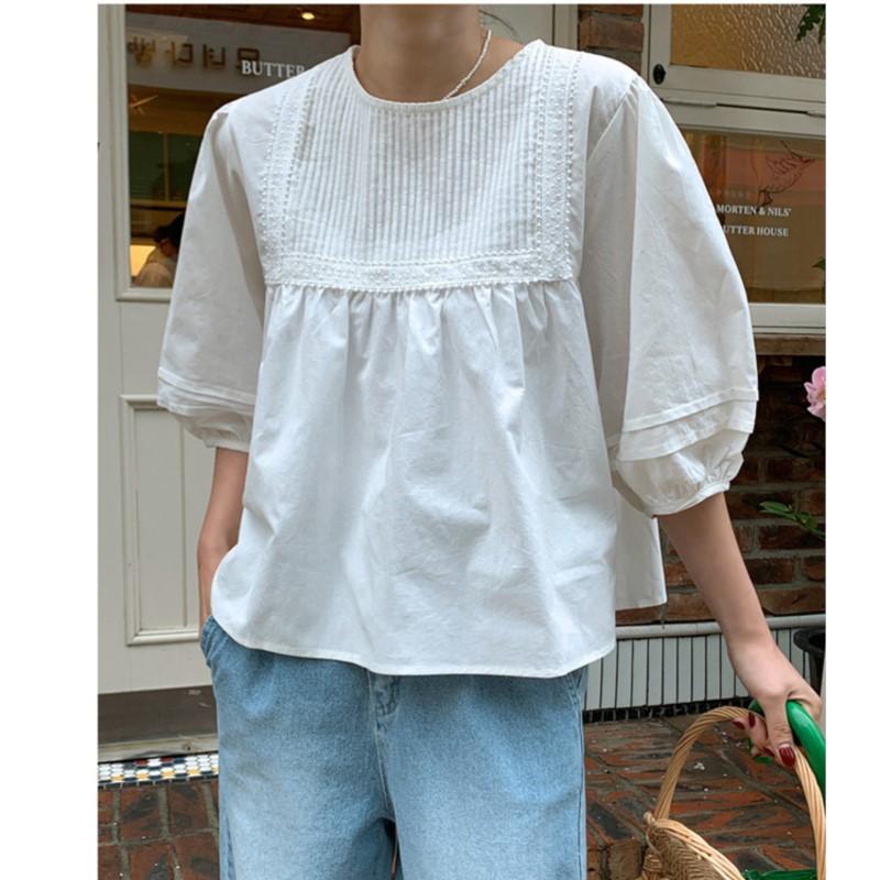 Johnature French Puff Sleeve Top Women Summer Loose White Shirt Korean Casual Lace Lace Doll Shirts