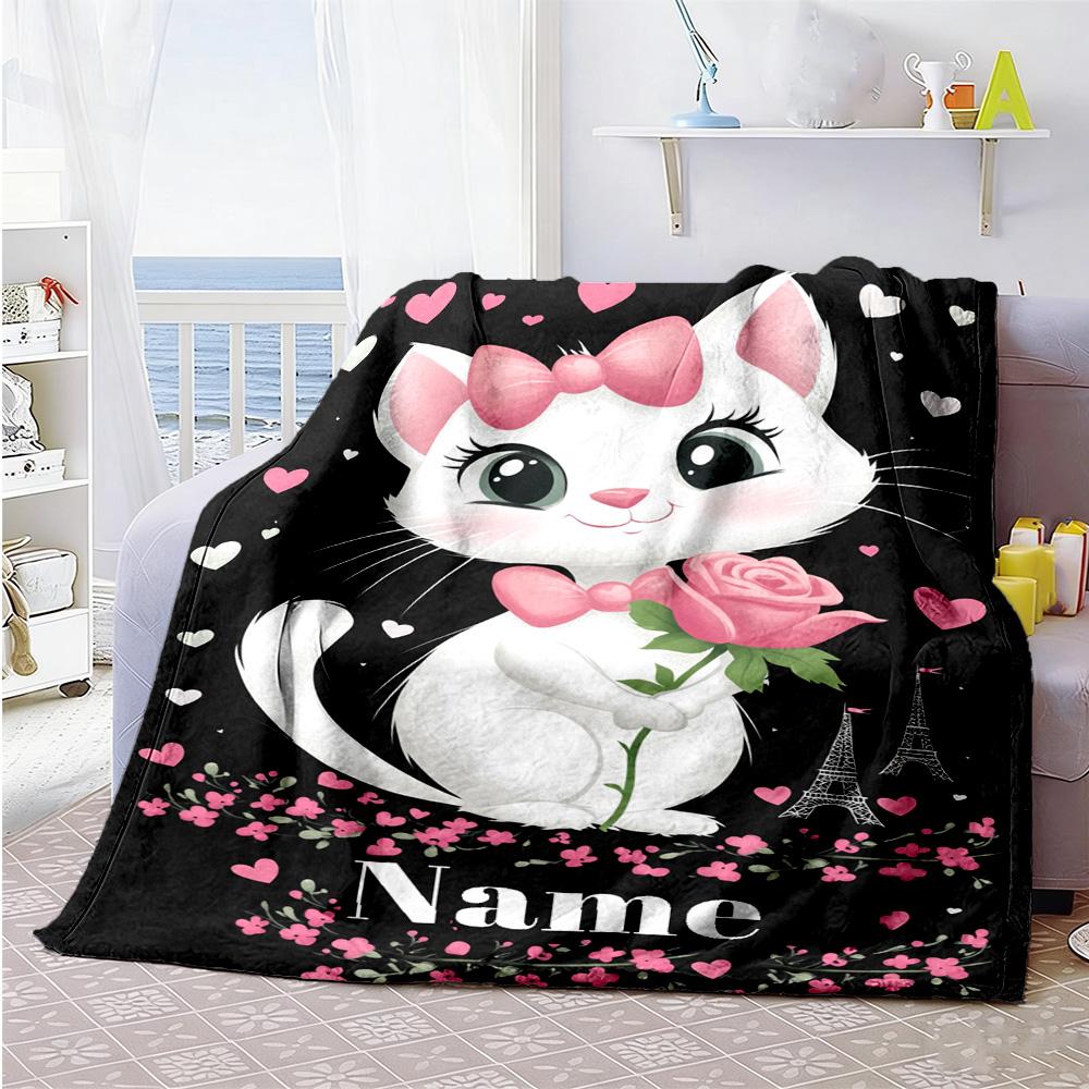 Cat Flowers Personalized Text Blanket Multi-purpose Customizable Blanket Warmthful Decor for Nap Sofa Office Chair Office Four Seasons Multipurpose