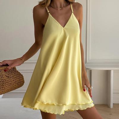 European and American Women's Clothing Summer New Casual Temperament V-neck Suspender Fungus Edge Solid Color Pajamas Dress