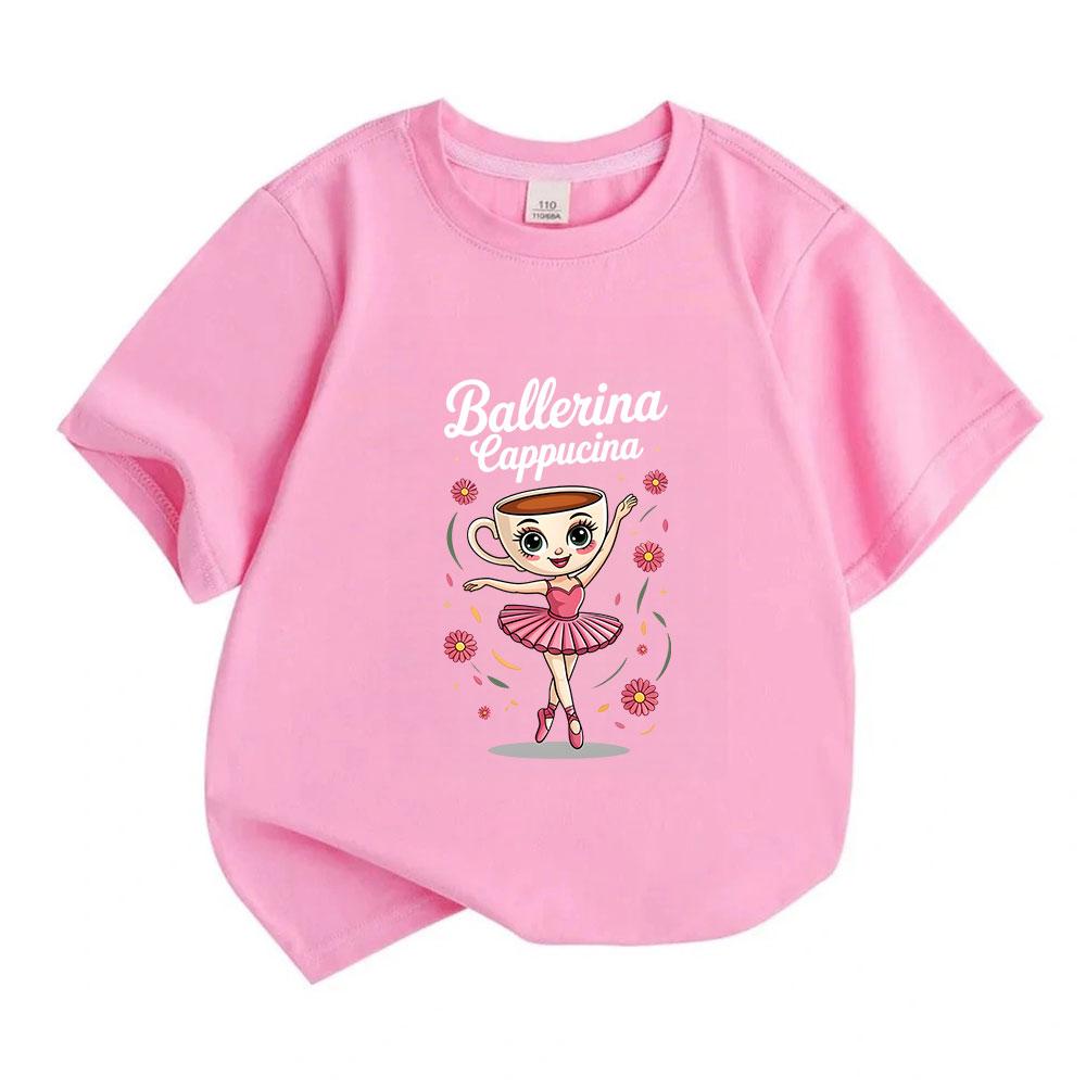Kids Unisex 100% Cotton Crew Neck Short Sleeve T-Shirt, Cute Ballerina Cappuccina Coffee Cup Ballet Dancer Print Casual Soft Tee for Boys Girls